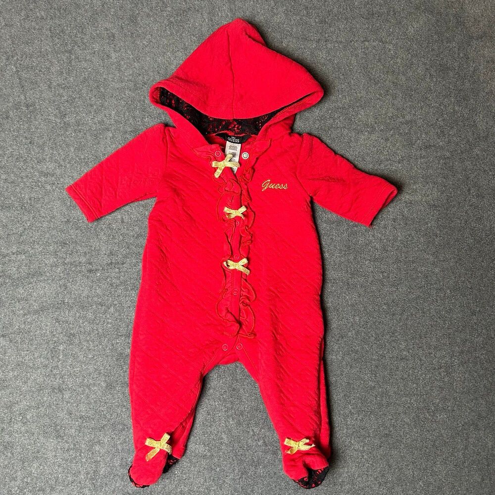 Guess Baby Girl Onesie Quilted Lace Red Gold Black Size 0-3M